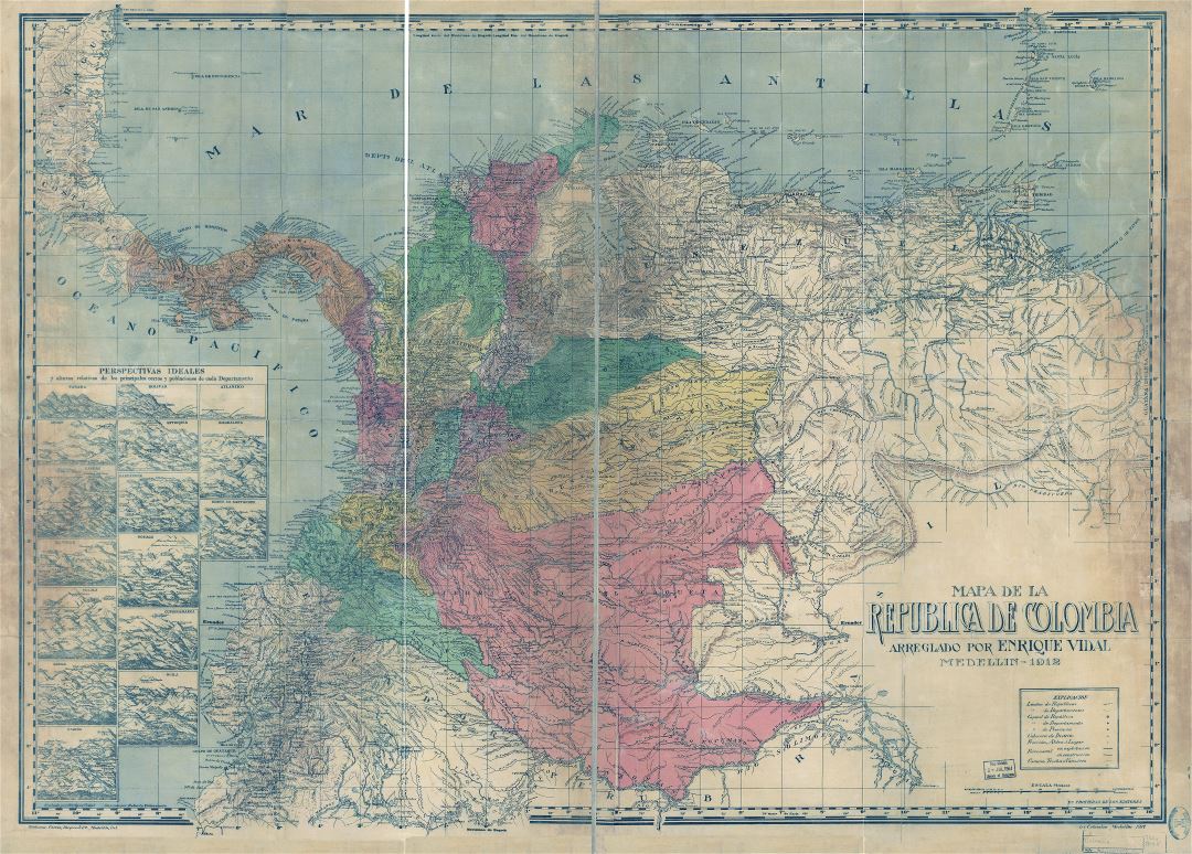 Large scale detailed old map of Colombia with relief and other marks - 1912