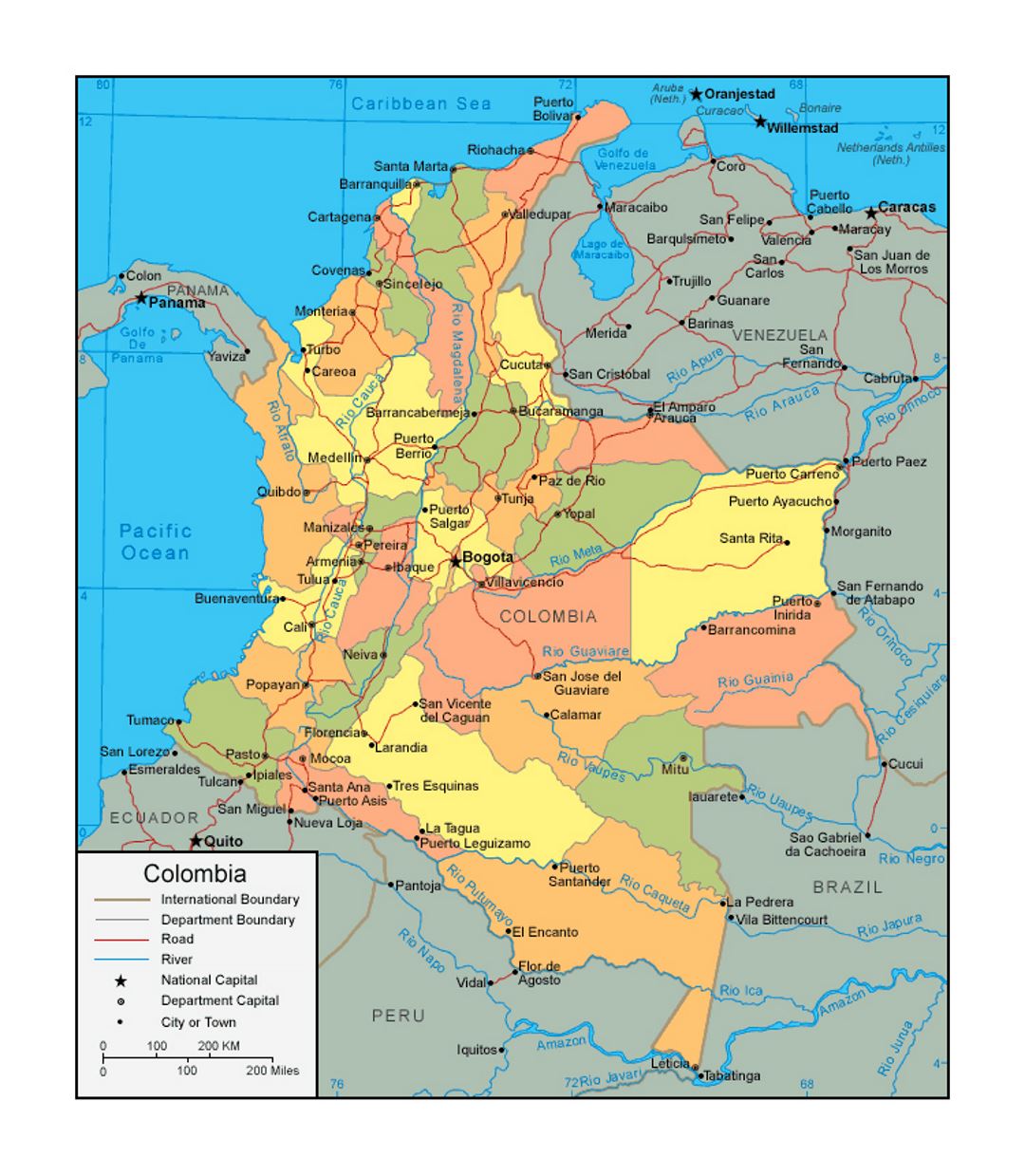 Political and administrative map of Colombia with roads and major cities