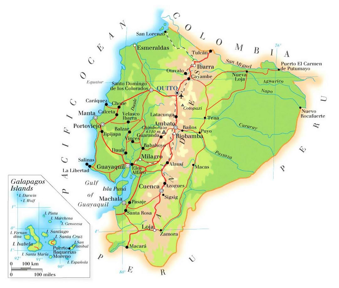 Detailed physical map of Ecuador with roads, cities and airports