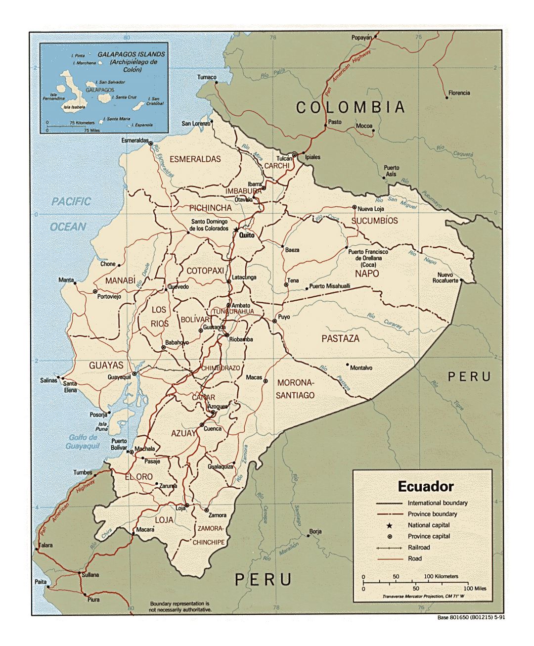 Detailed political and administrative map of Ecuador with major roads and major cities - 1991