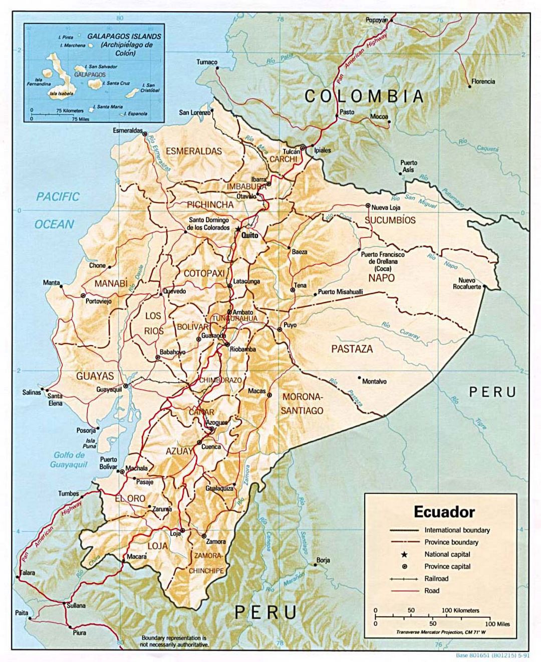 Detailed political and administrative map of Ecuador with relief, major roads and major cities - 1991