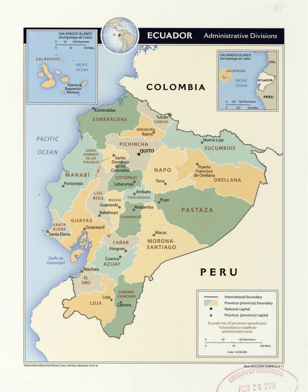 Large detailed administrative divisions map of Ecuador with marks of major cities - 2011