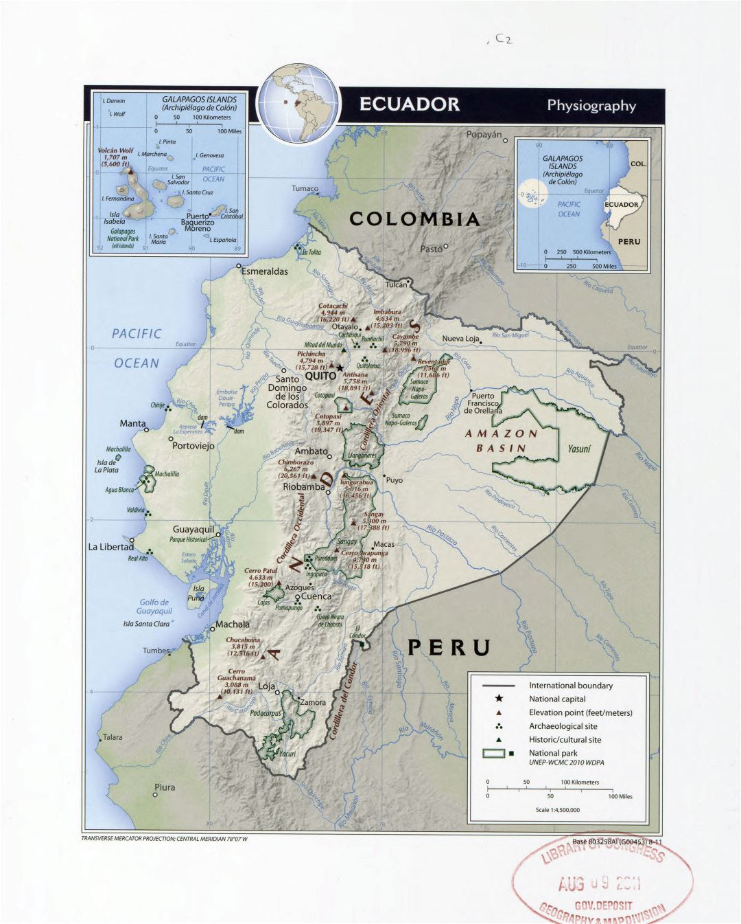 Large detailed physiography map of Ecuador with other marks - 2011