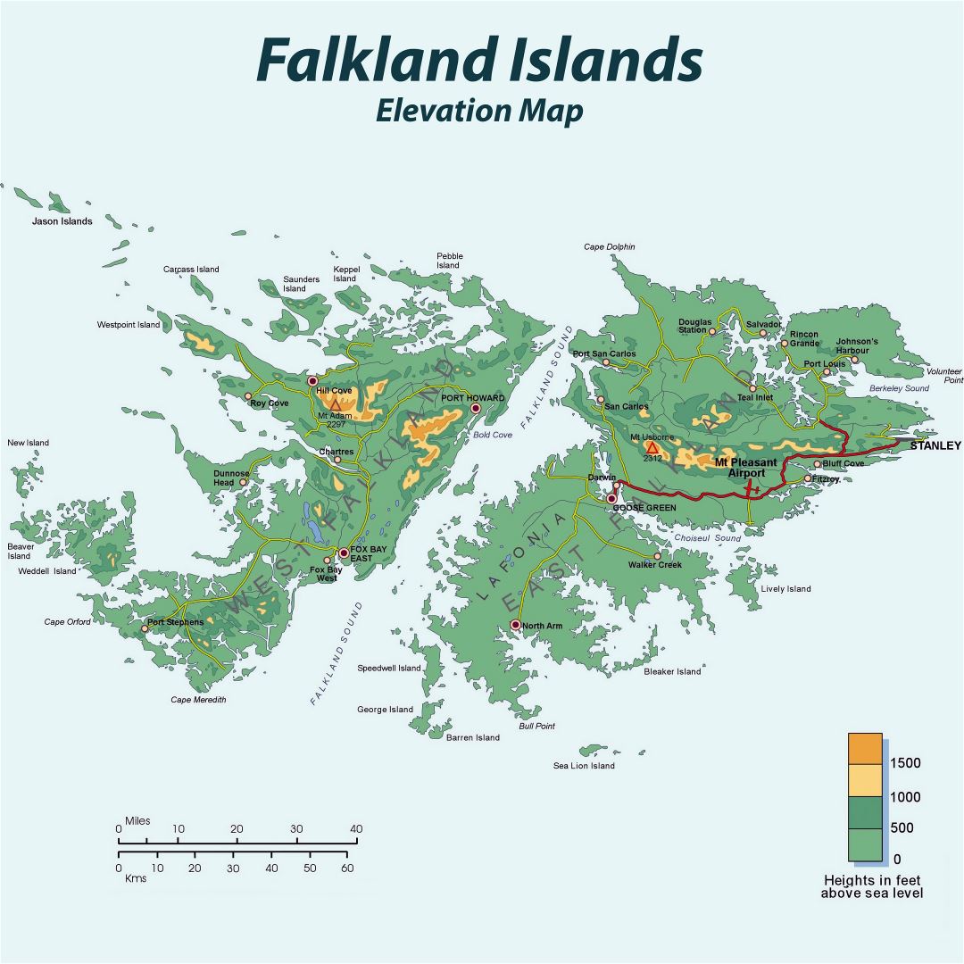 Large detailed elevation map of Falkland Islands with roads and cities