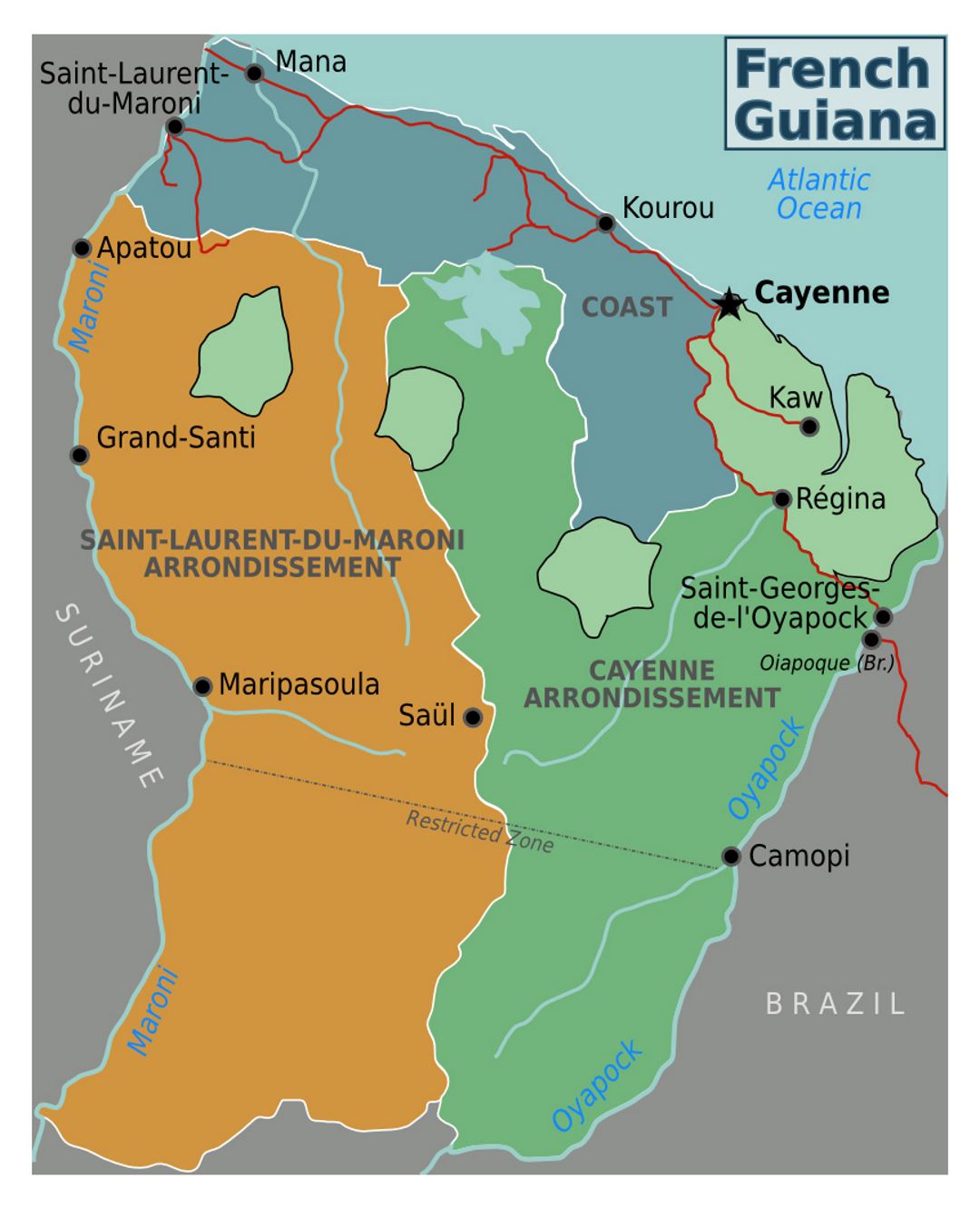 Detailed regions map of French Guiana