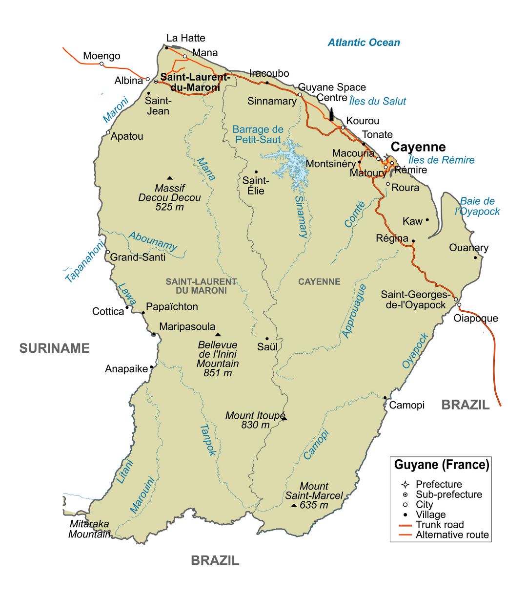 Large detailed political map of French Guiana with major roads, villages and cities