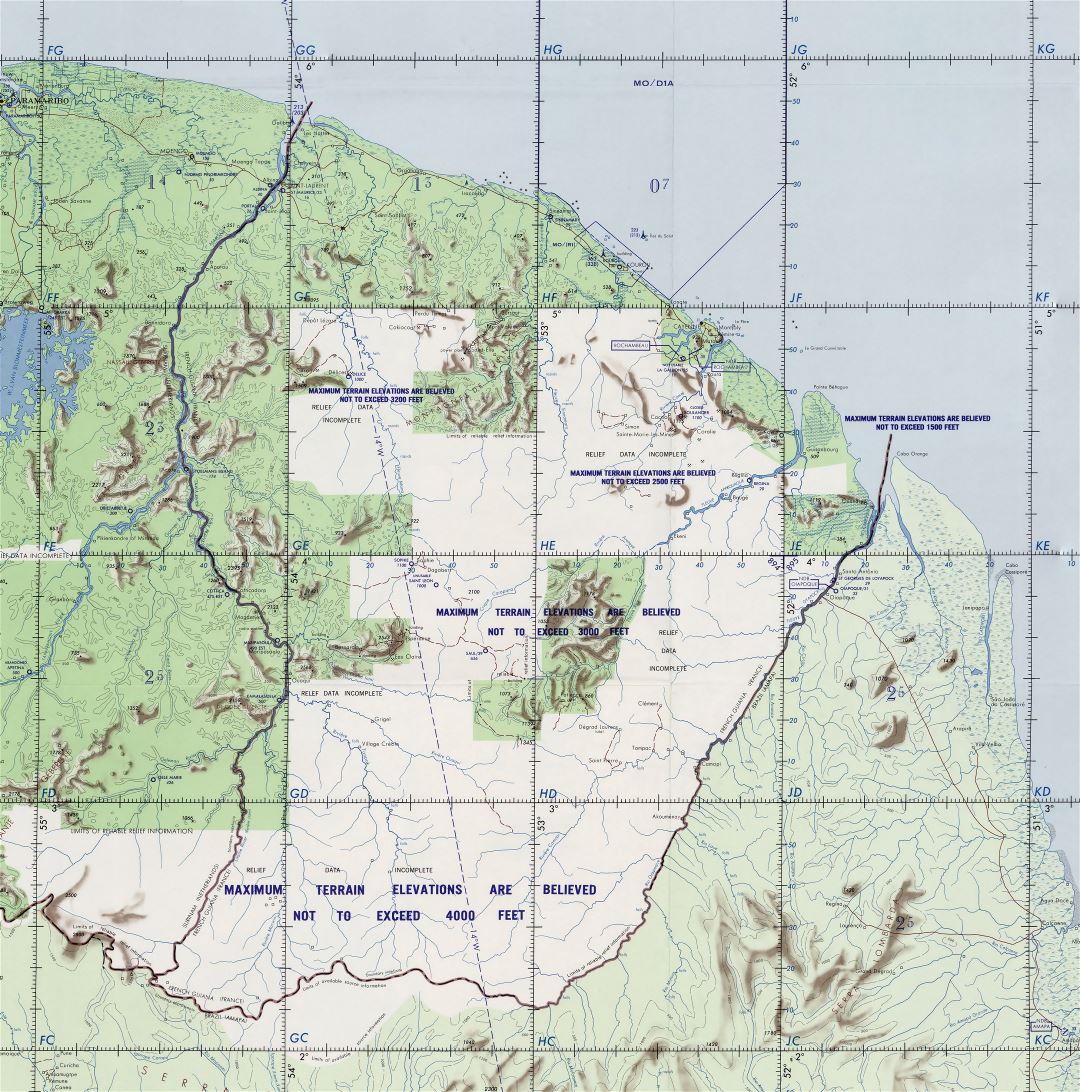 Large detailed topographical map of French Guiana