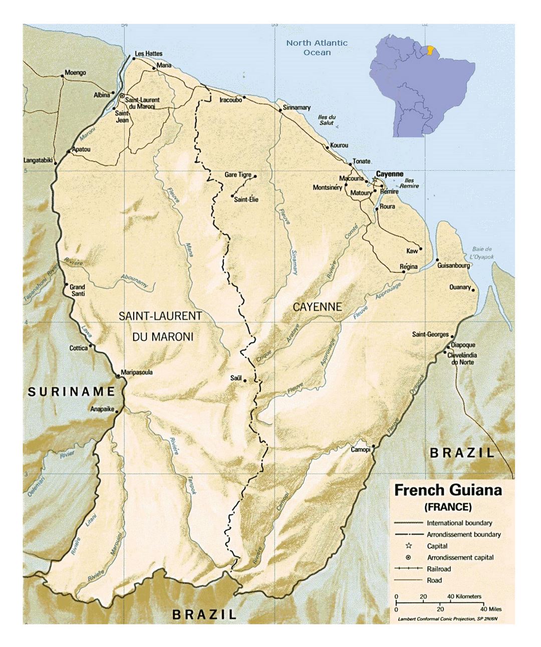 Large political and administrative map of French Guiana with relief, roads and major cities