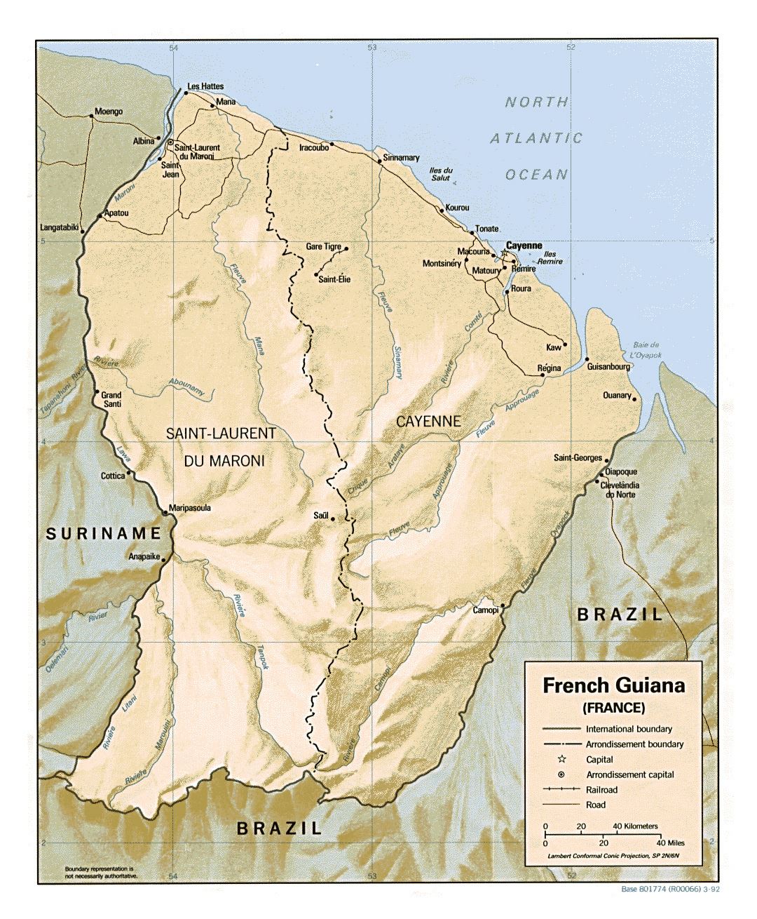 Large political map of French Guiana with relief, roads and cities - 1992