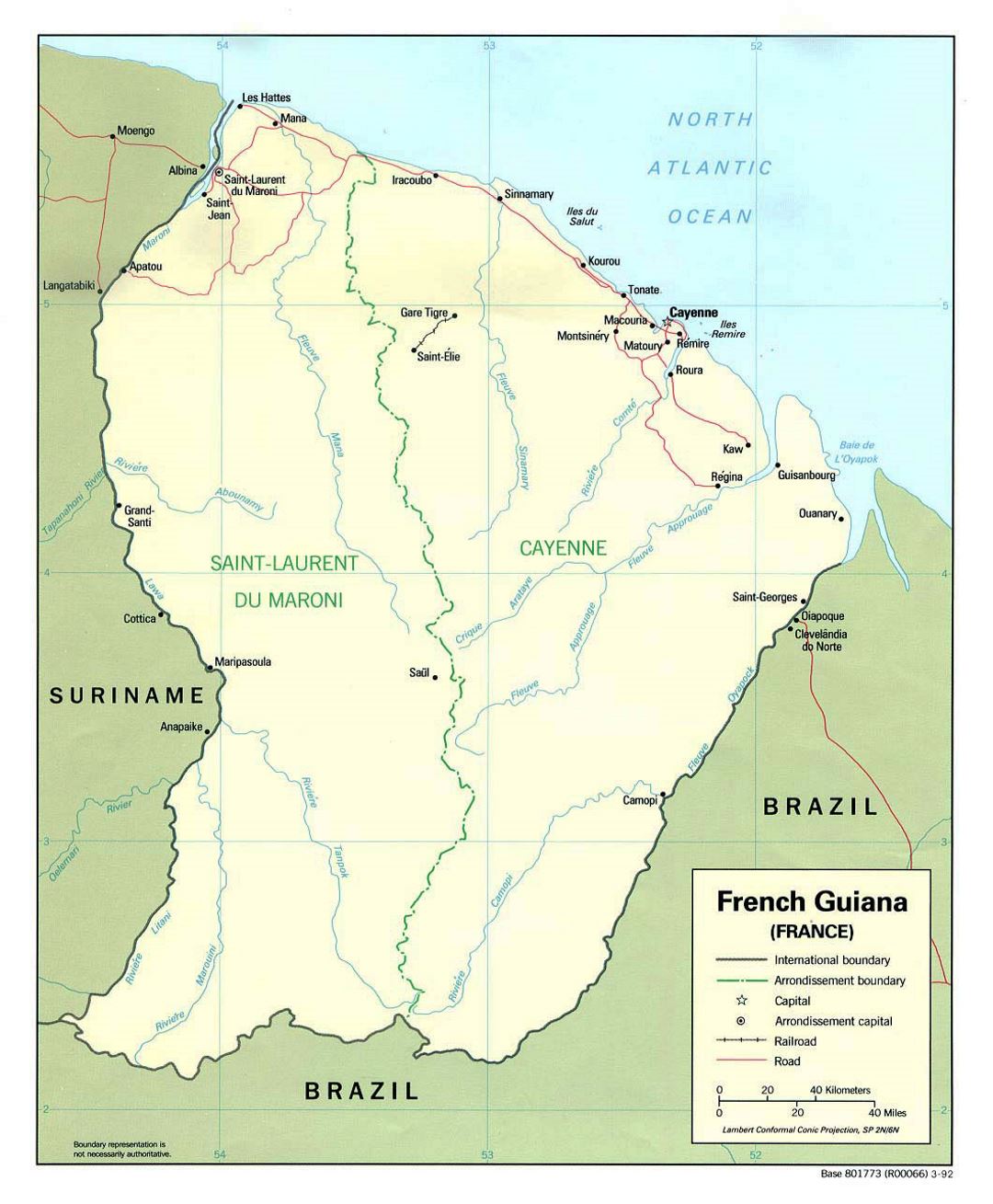 Large political map of French Guiana with roads and cities - 1992