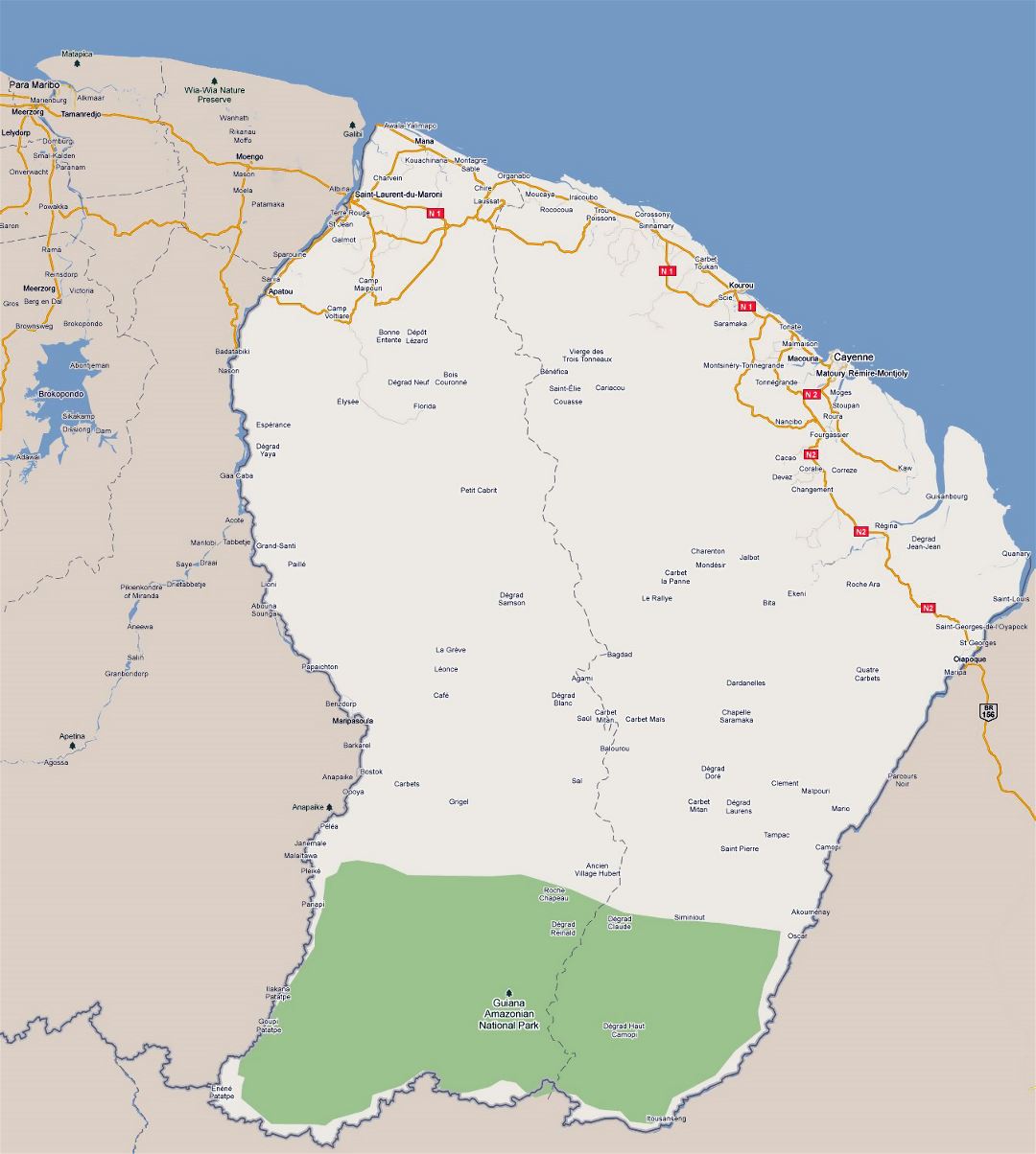 Large road map of French Guiana with cities