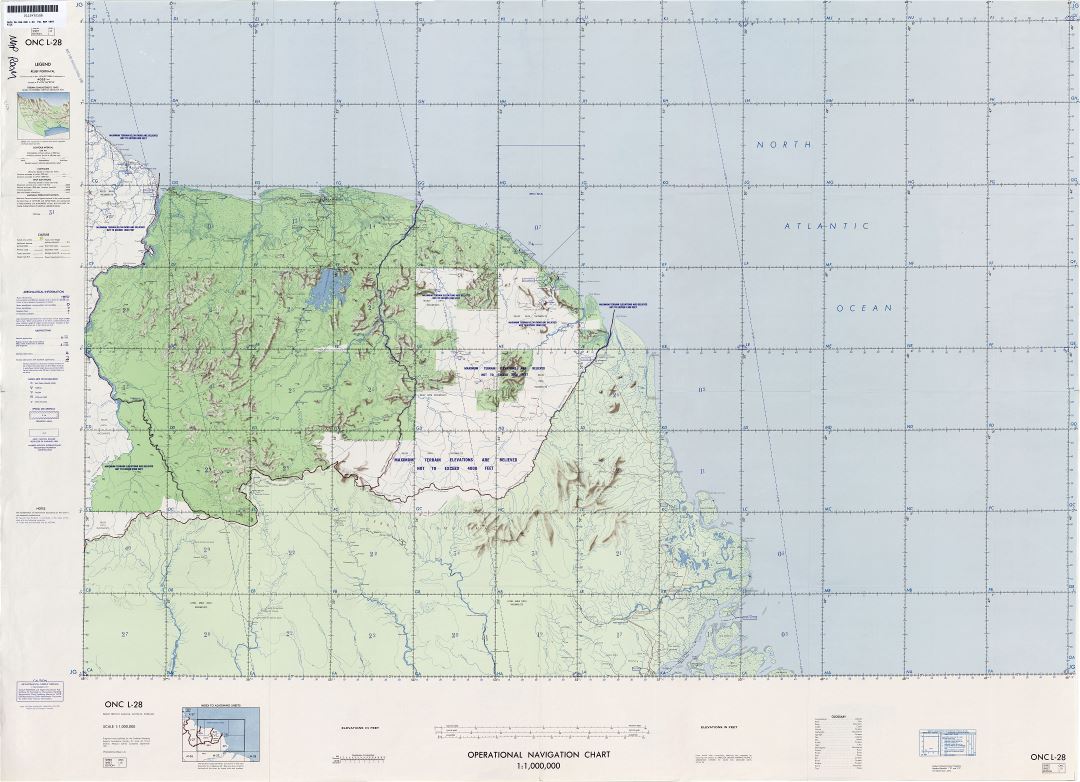 Large scale detailed topographical map of Surinam and French Guiana
