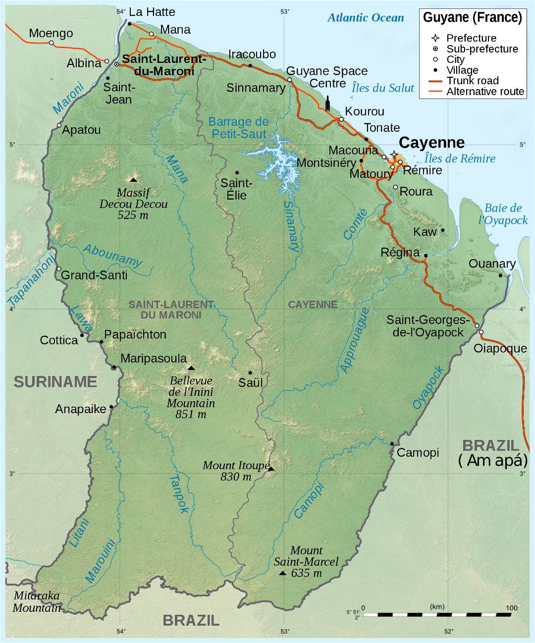 Large scale political map of French Guiana with relief, roads, cities and villages