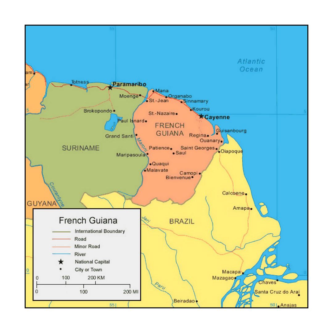 Political map of French Guiana with cities
