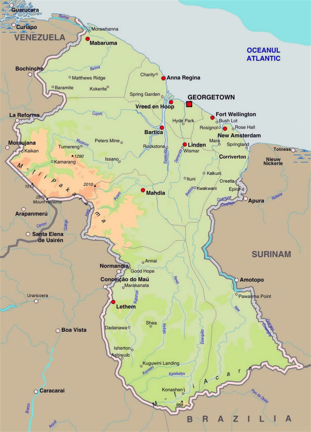 Detailed elevation map of Guyana with roads and cities