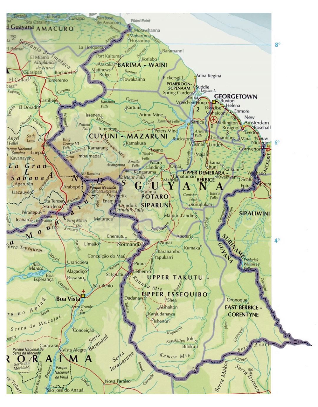 Detailed map of Guyana with roads and cities