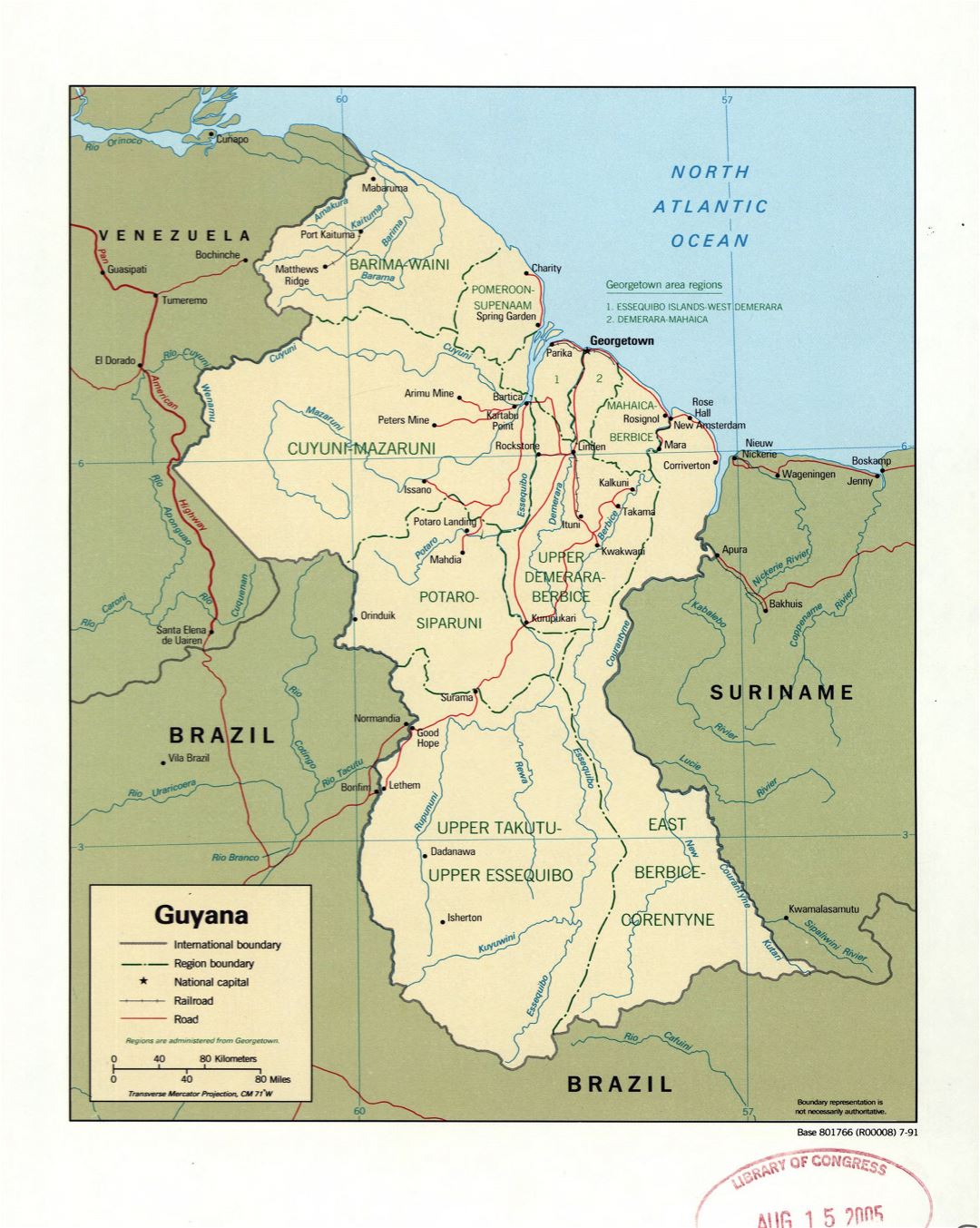 Large detailed political and administrative map of Guyana with marks of roads, railroads and major cities - 1991