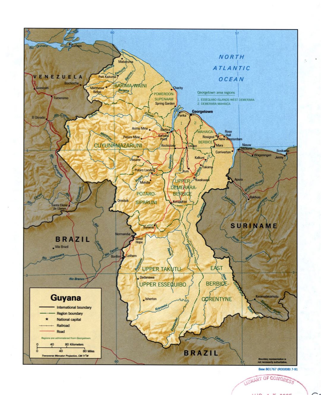 Large detailed political and administrative map of Guyana with relief, marks of roads, railroads and major cities - 1991