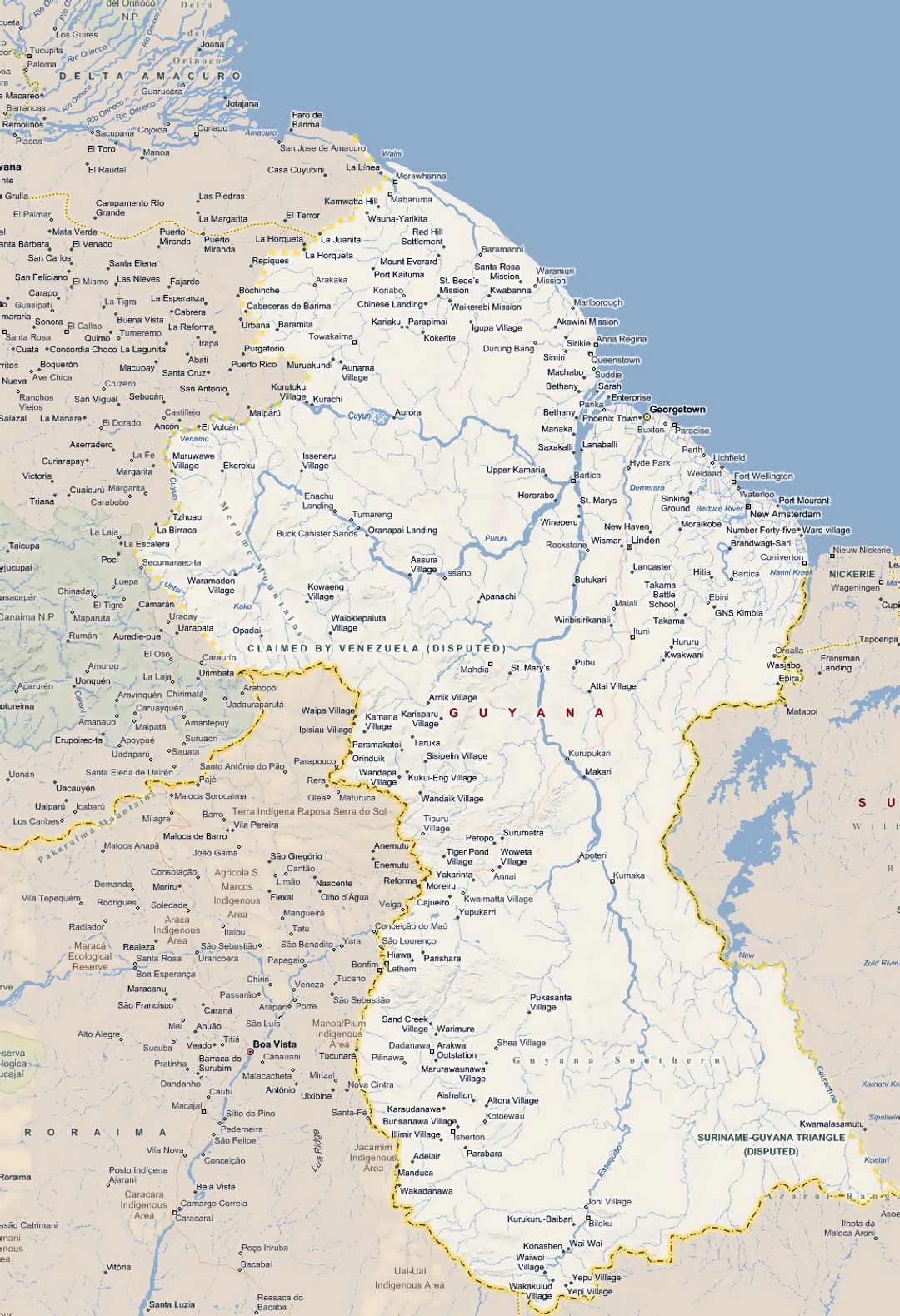 Large map of Guyana with all cities