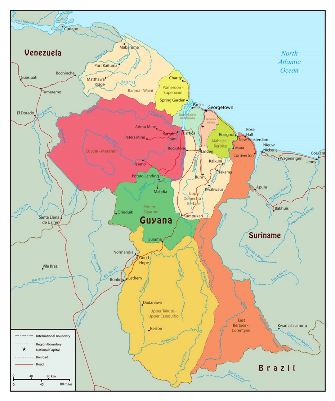 Large political and administrative map of Guyana with roads and cities
