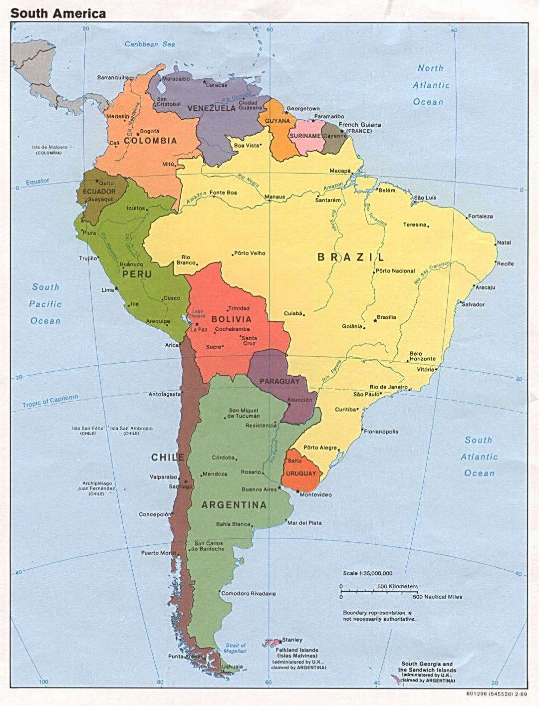 Large detailed political map of South America with capitals and major cities - 1989
