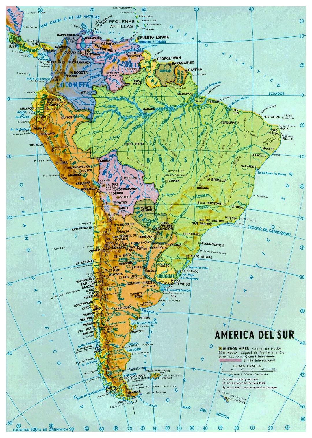 Large political and hydrographic map of South America with major cities and capitals