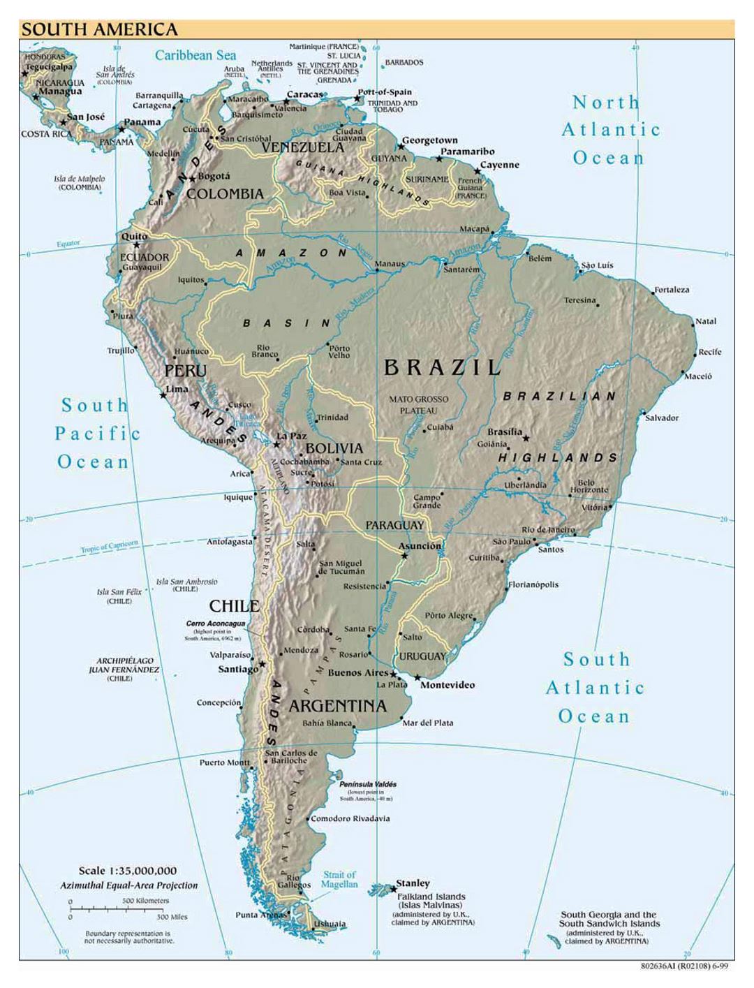 Large political map of South America with relief, major cities and capitals - 1999