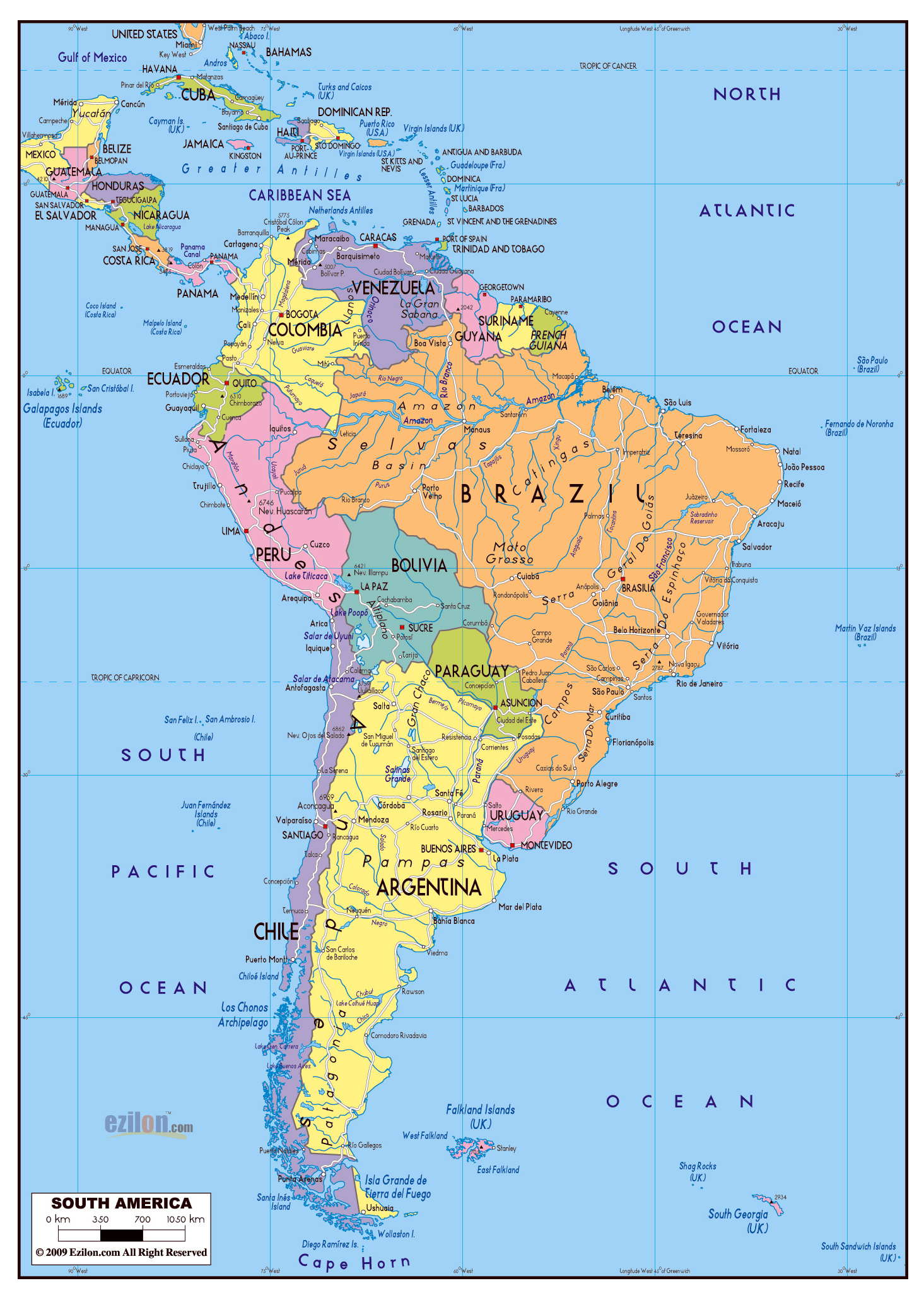 Large Political Map Of South America With Roads And Major Cities