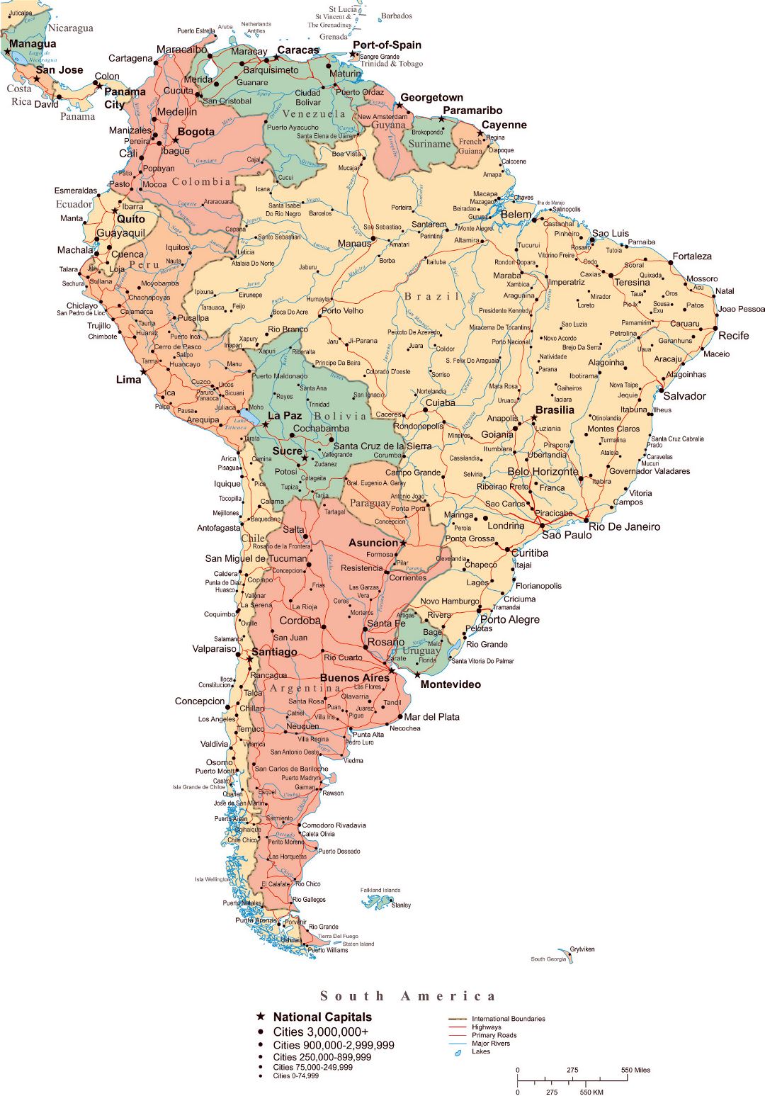 Large political map of South America with roads, major cities and capitals