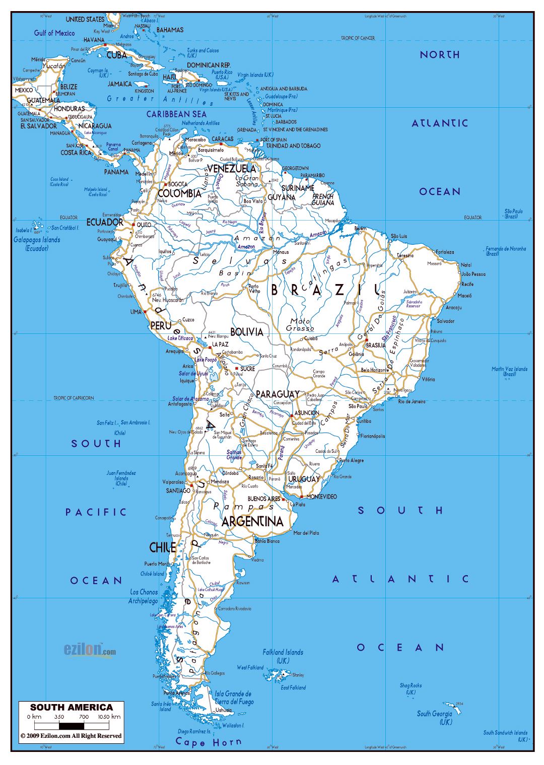 Large road map of South America with major cities