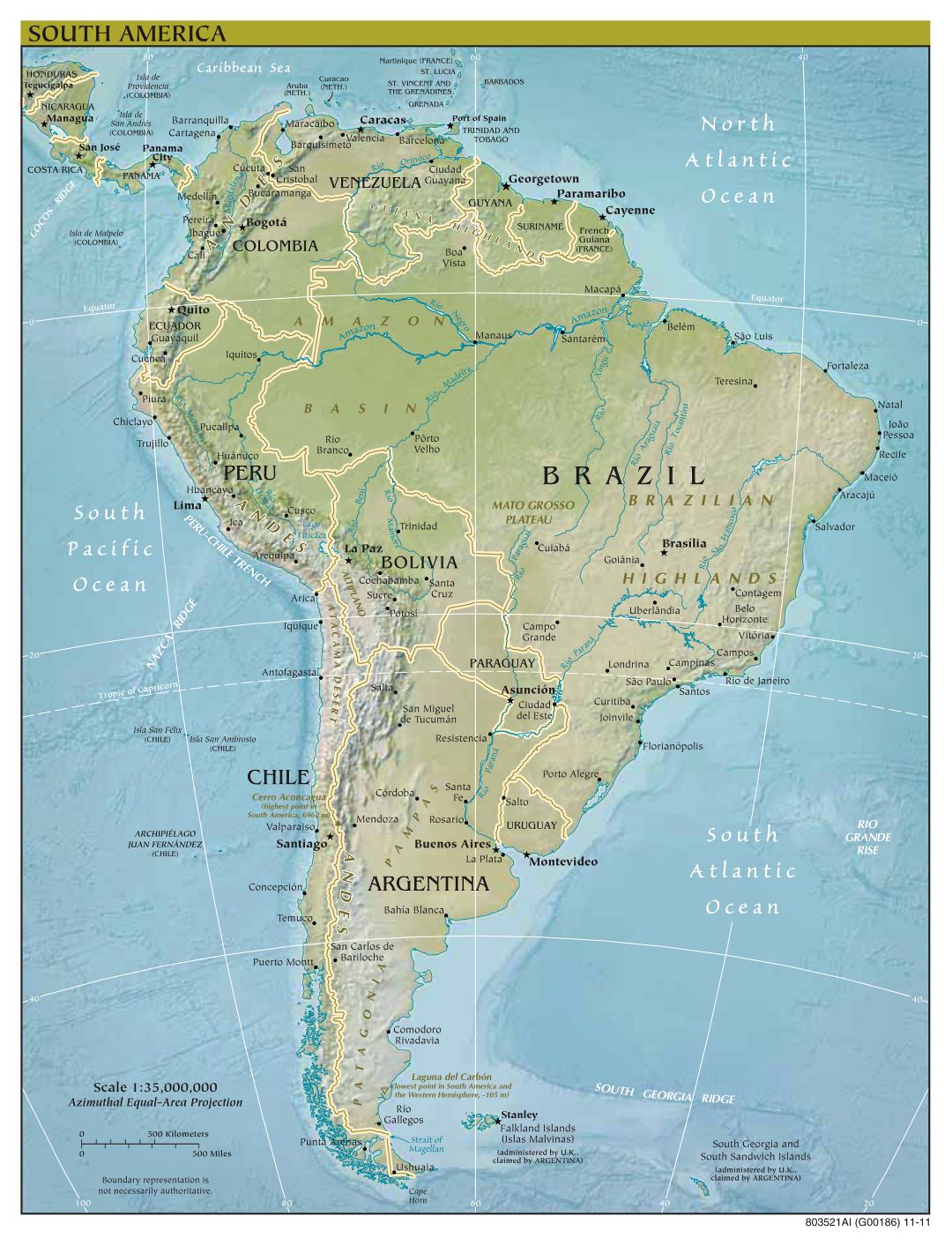 Large scale political map of South America with relief, major cities and capitals - 2011