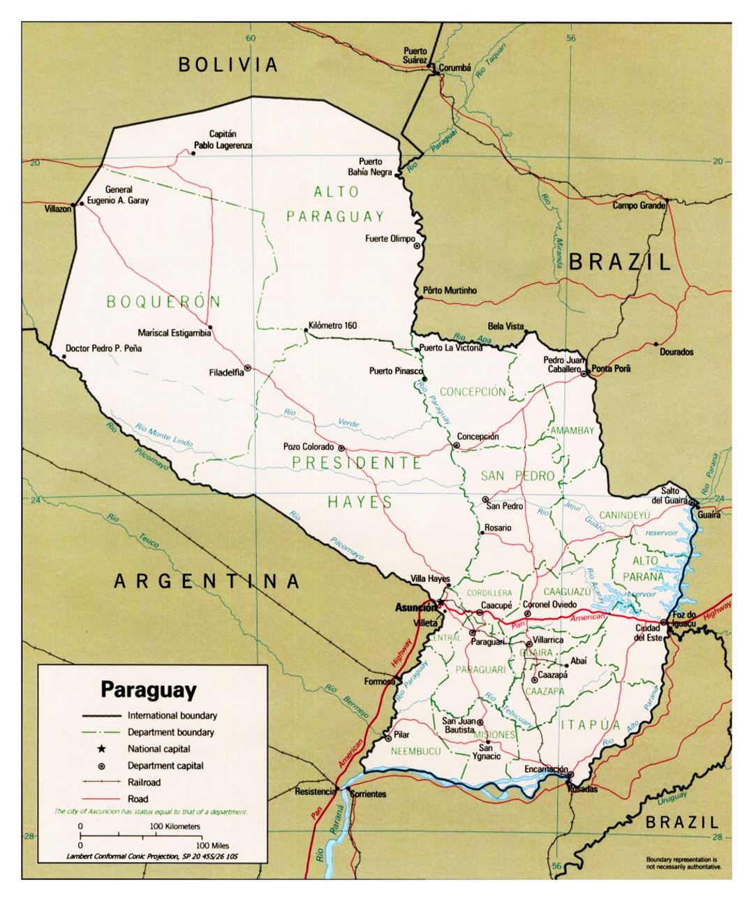 Detailed political and administrative map of Paraguay with roads and major cities