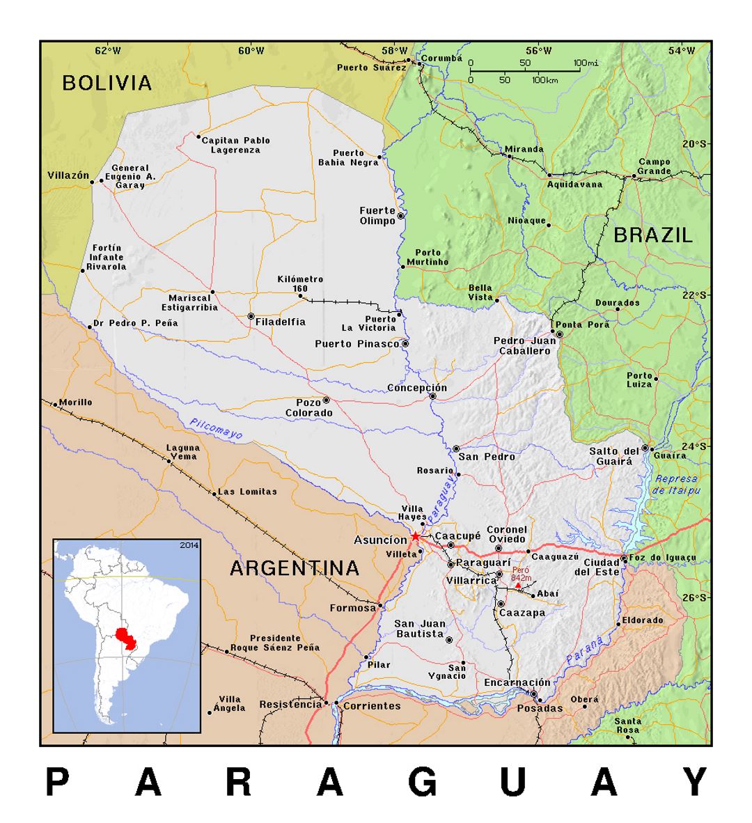 Detailed political map of Paraguay with relief