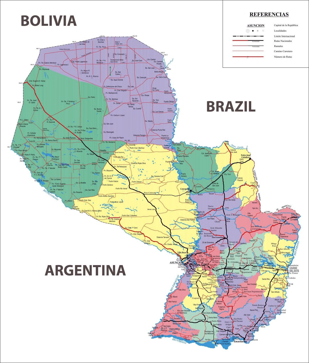 Large detailed administrative map of Paraguay with roads and cities