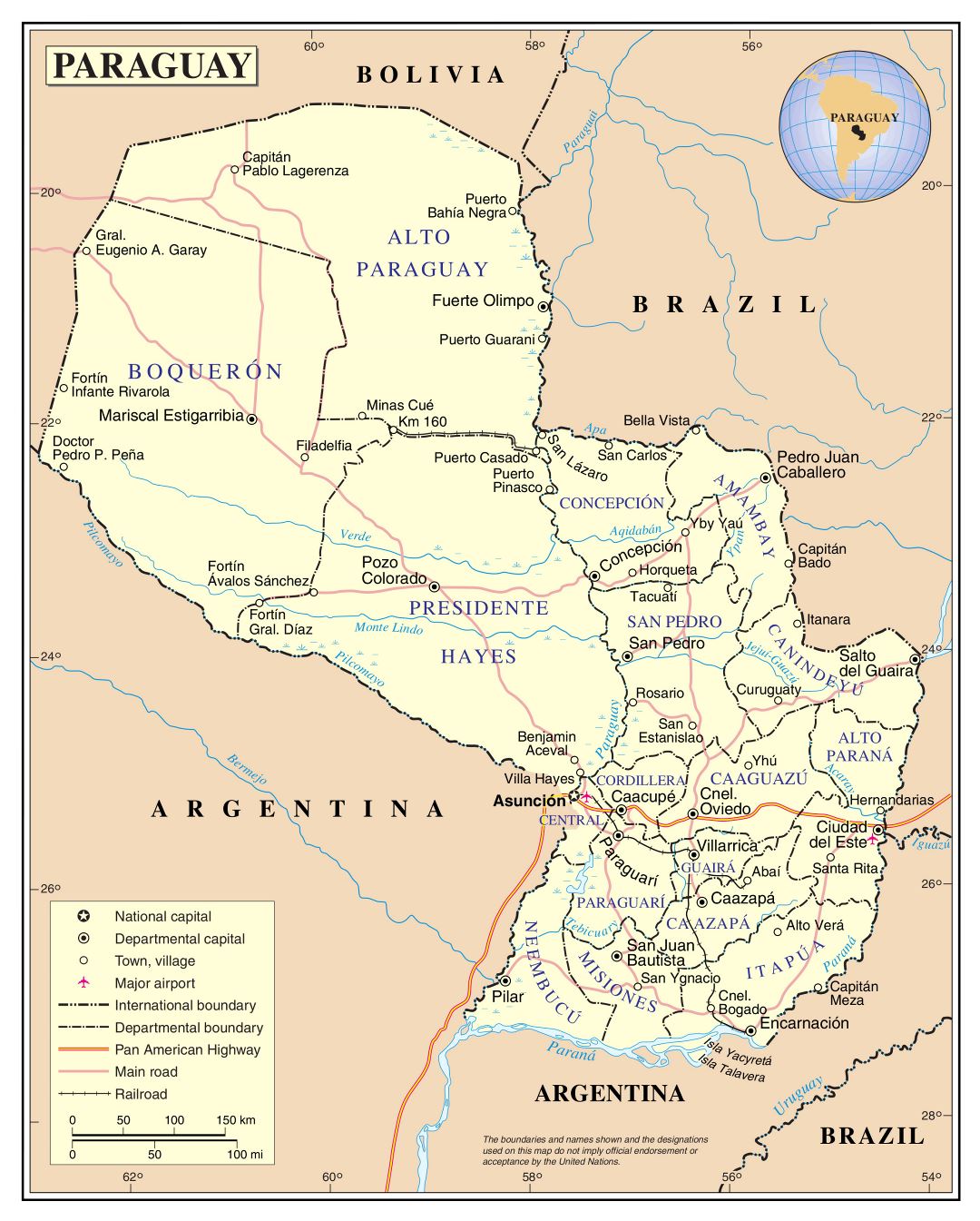 Large detailed political and administrative map of Paraguay with roads, cities and airports