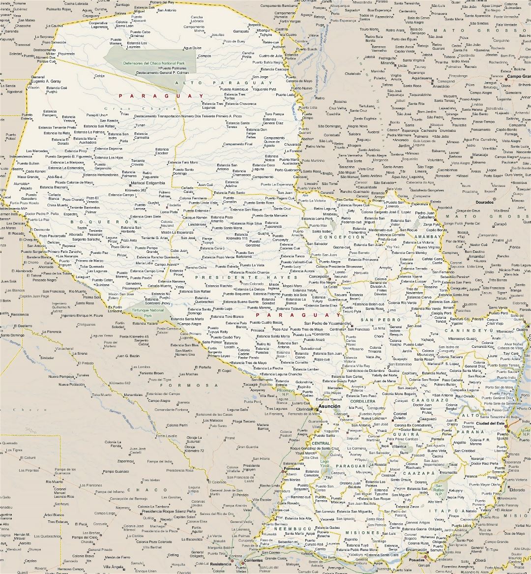 Large map of Paraguay with all cities