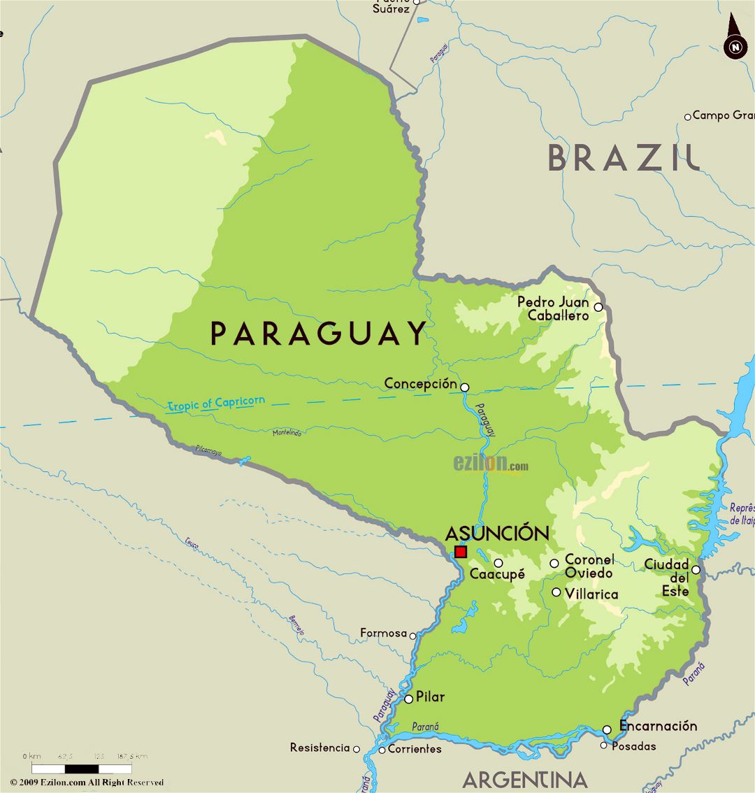 Large physical map of Paraguay with major cities