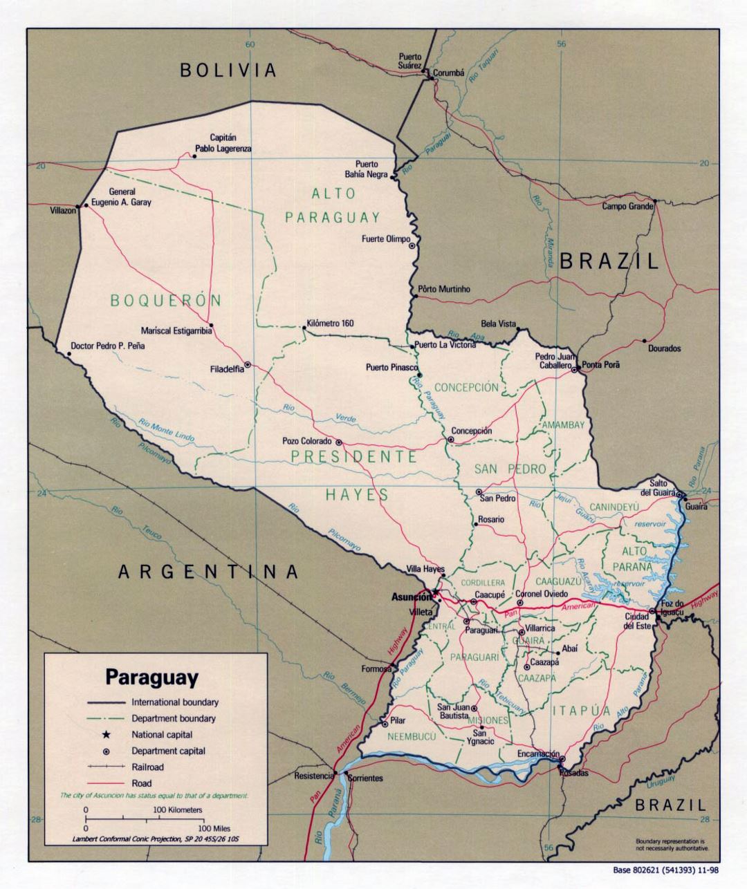 Large political and administrative map of Paraguay with roads and cities - 1998