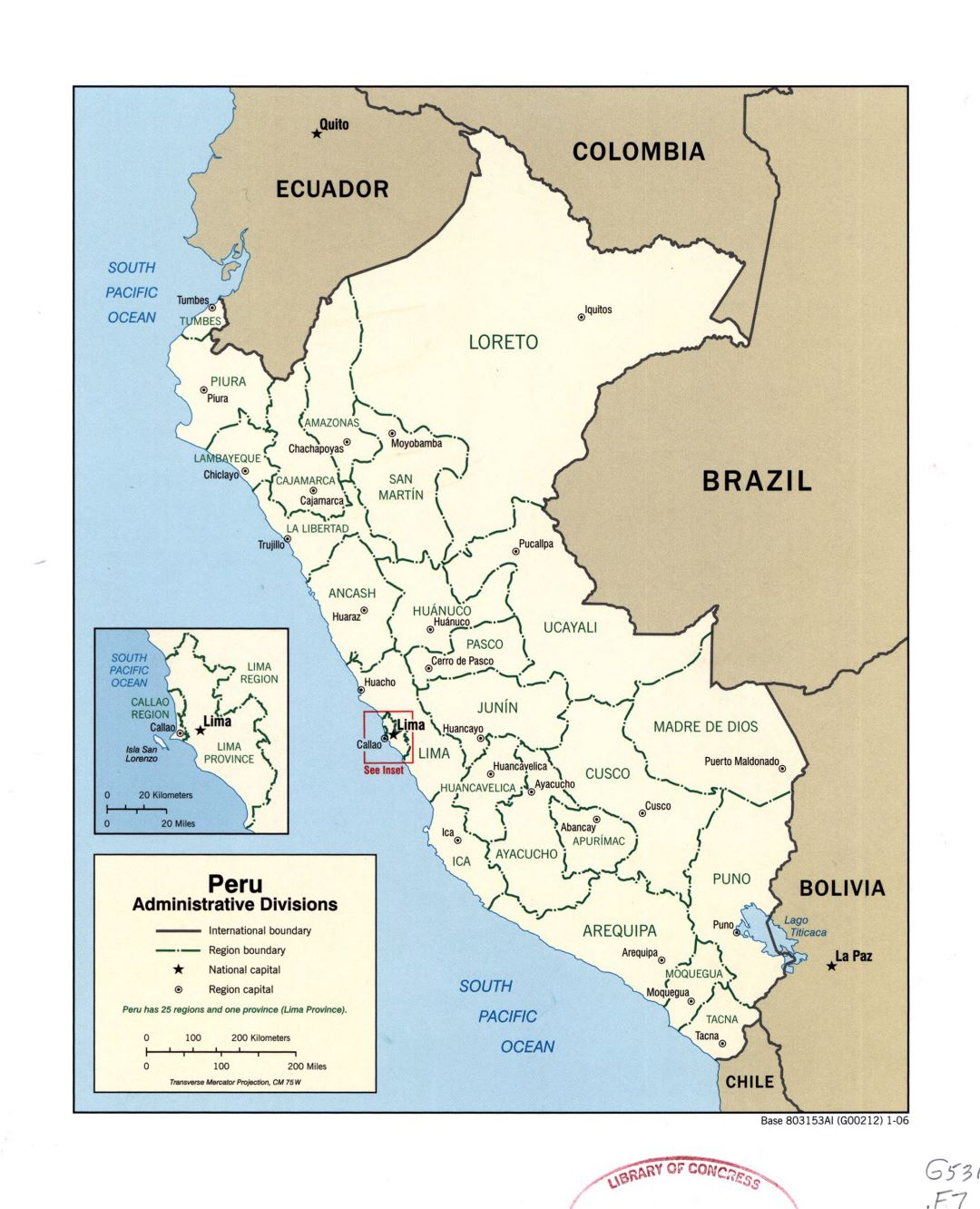 Large detailed administrative divisions map of Peru with marks of major cities - 2006