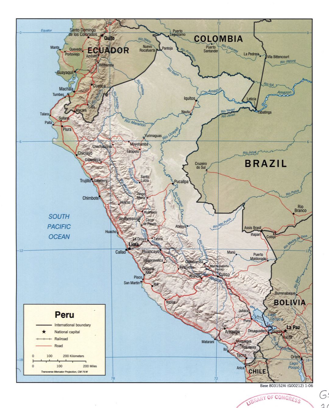 Large detailed political map of Peru with relief, marks of roads, railroads and major cities - 2006
