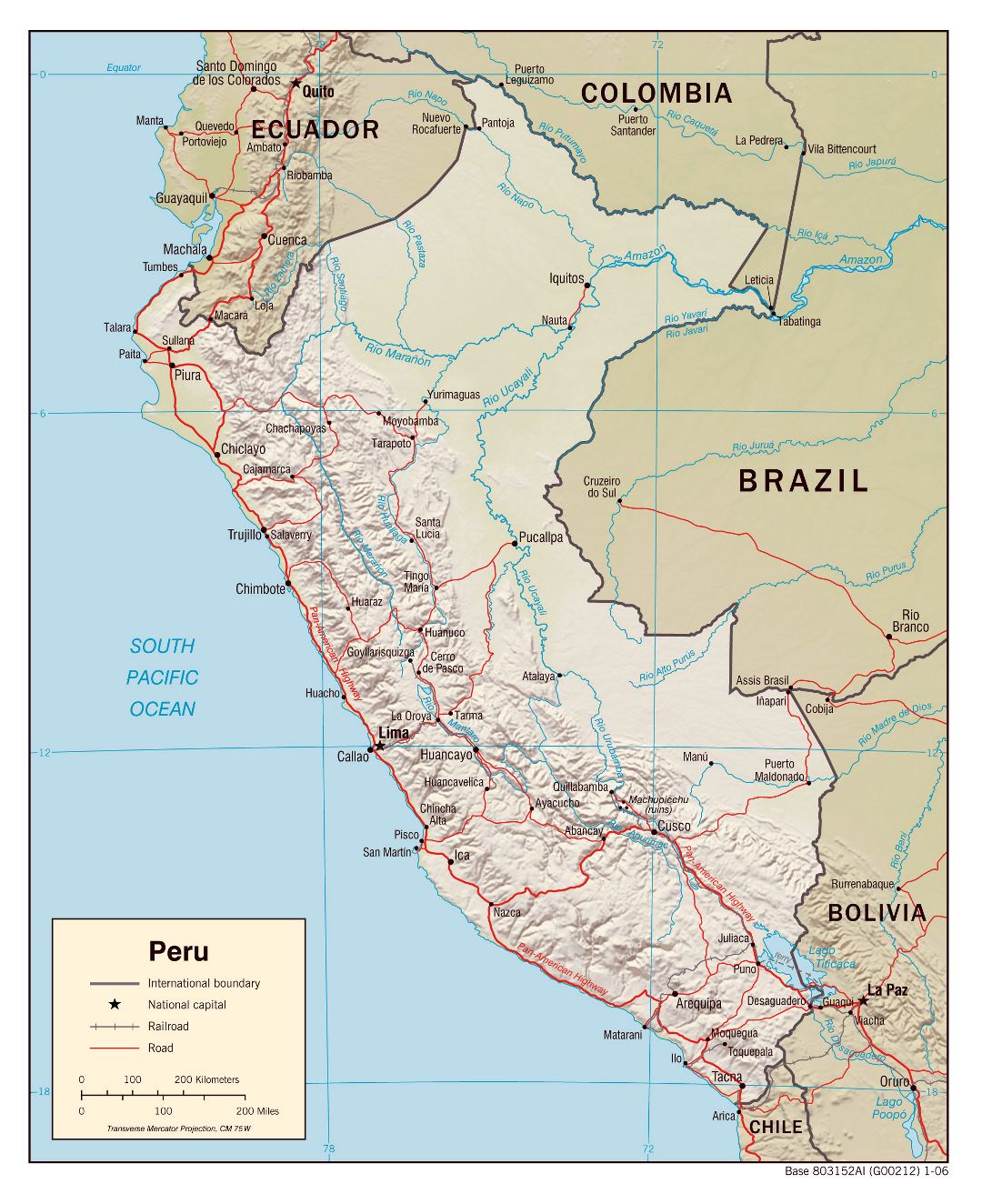 Large detailed political map of Peru with relief, roads and cities - 2006