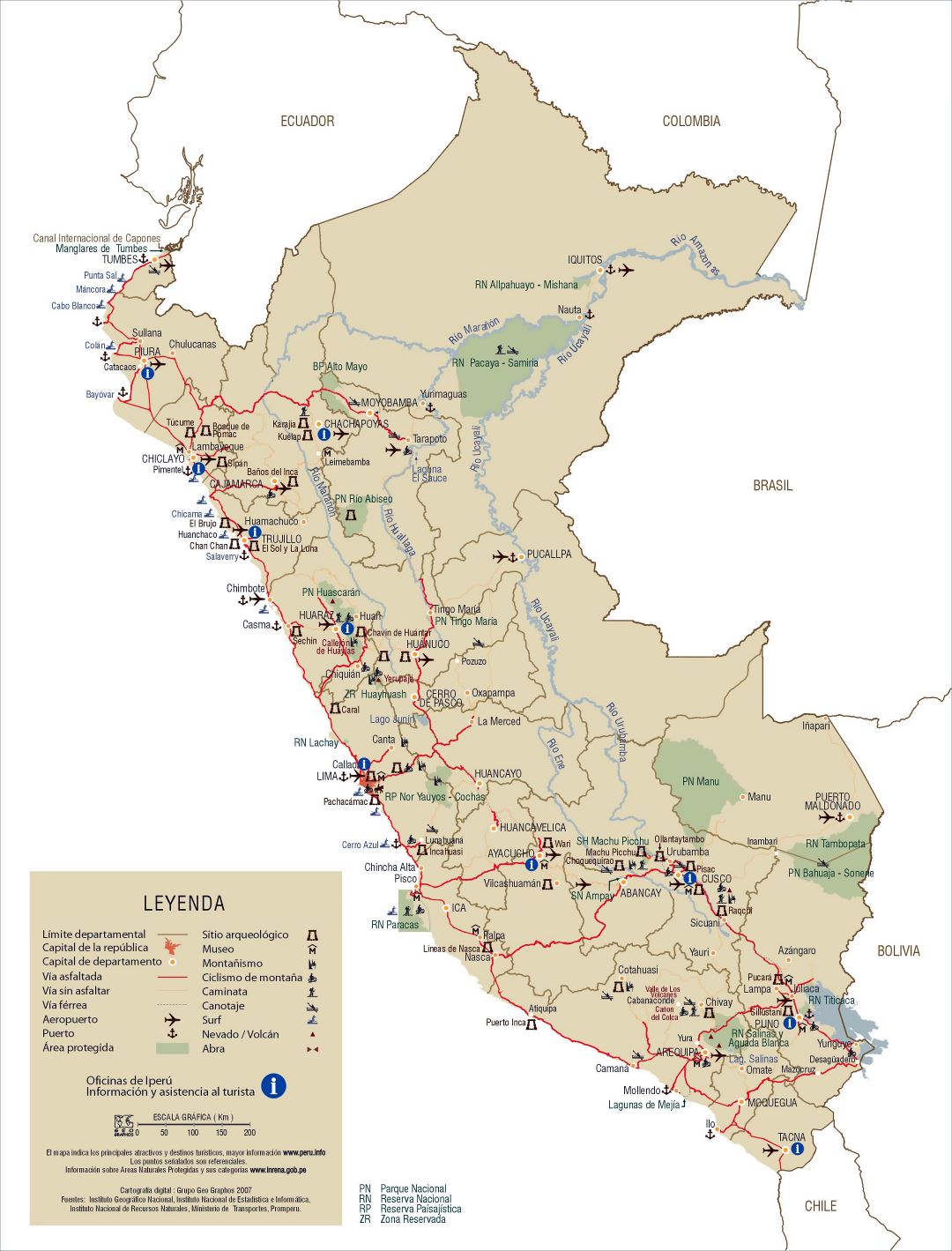 Large detailed tourist map of Peru with roads