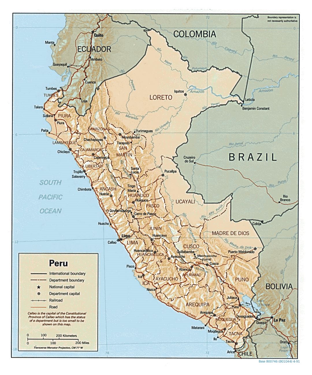 Large political and administrative map of Peru with relief, roads and major cities - 1991