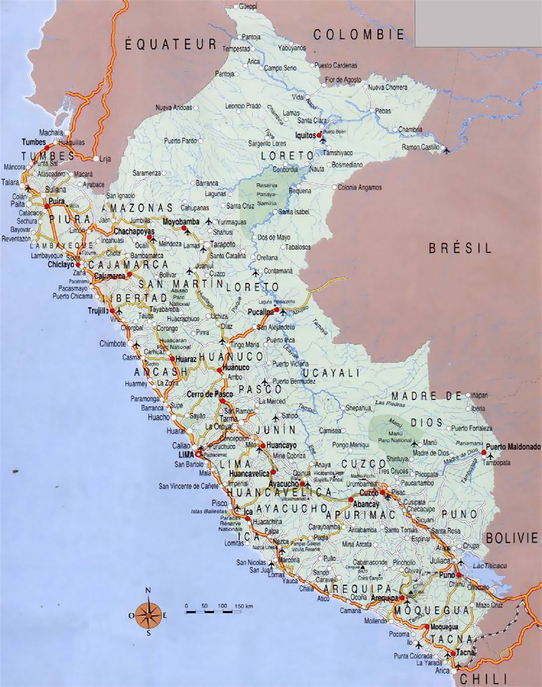 Road map of Peru with cities