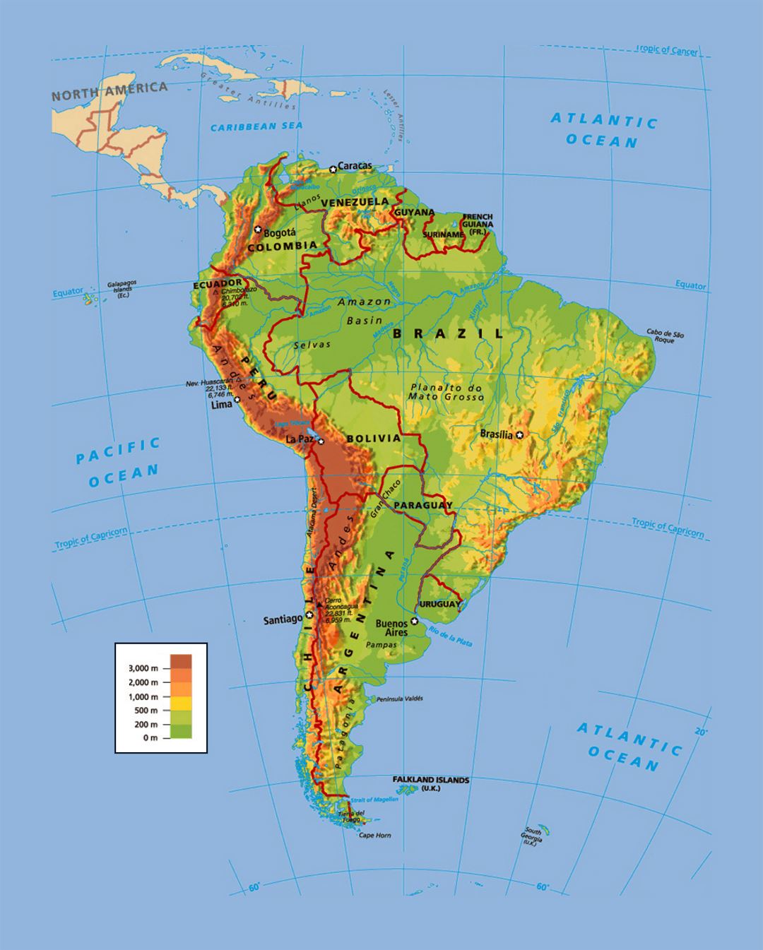 Political and physical map of South America