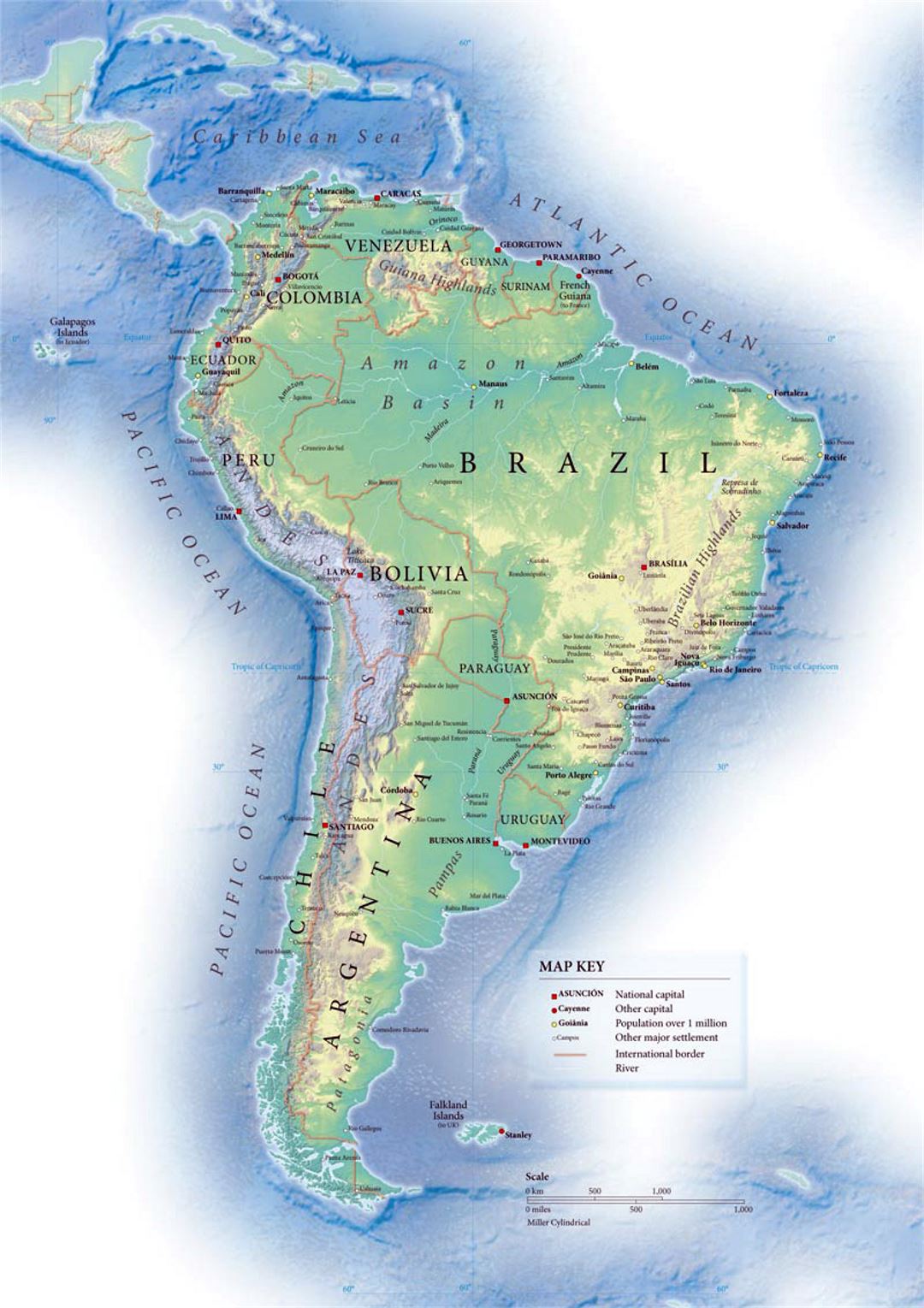Political map of South America with relief
