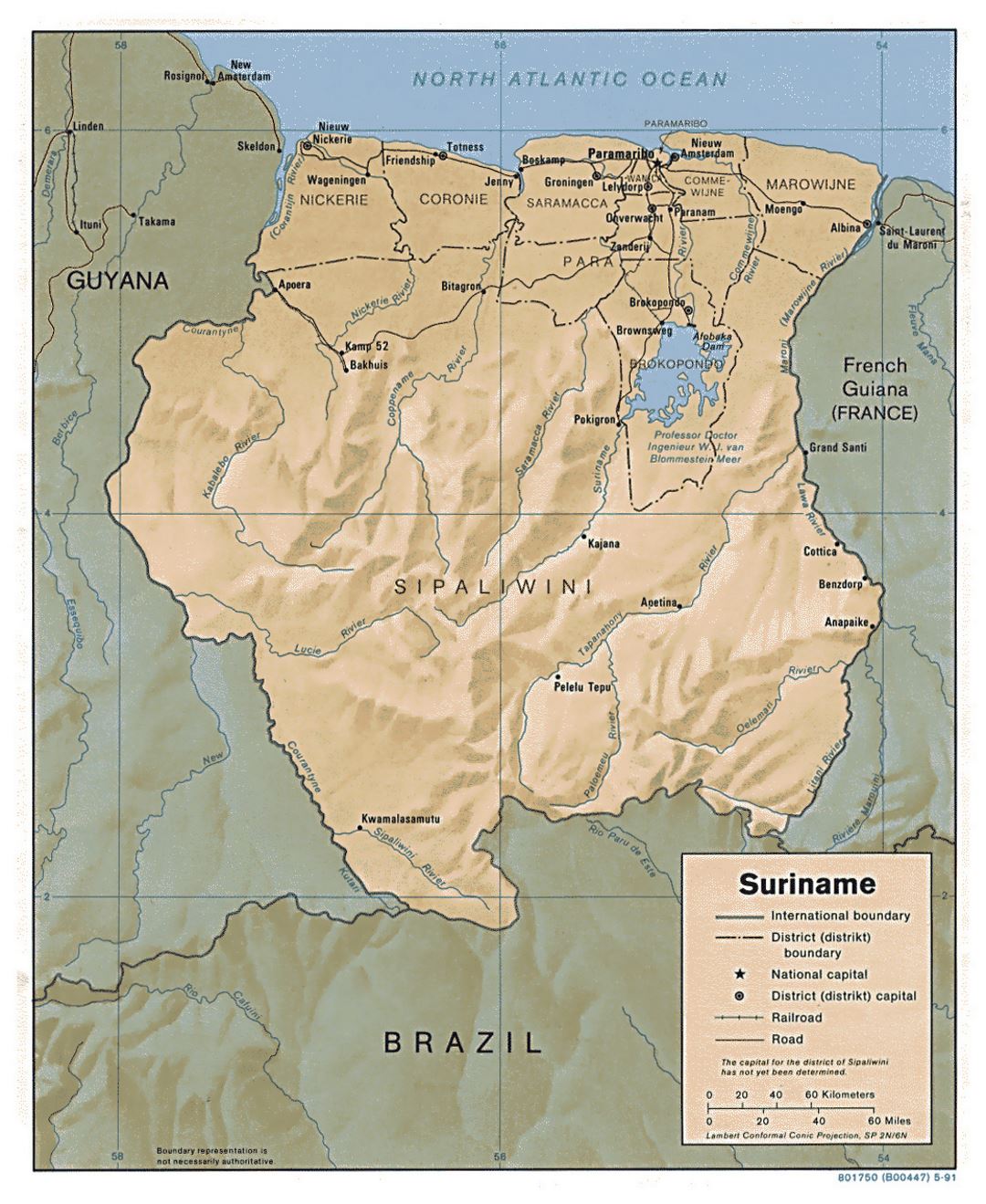 Detailed political and administrative map of Suriname with relief, roads and major cities