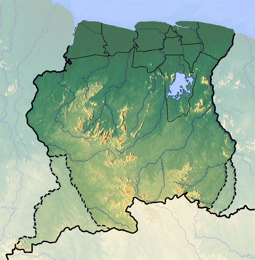Detailed relief map of Suriname