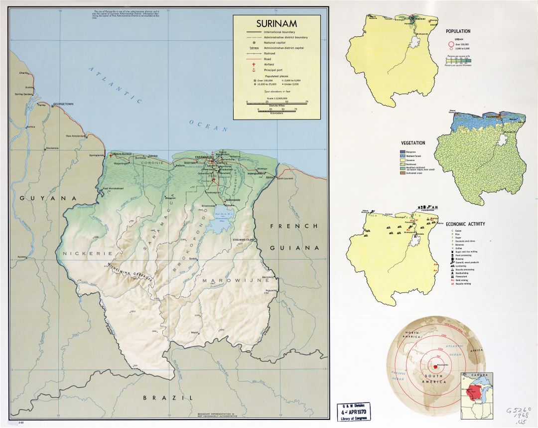 Large detailed country profile map of Suriname - 1968