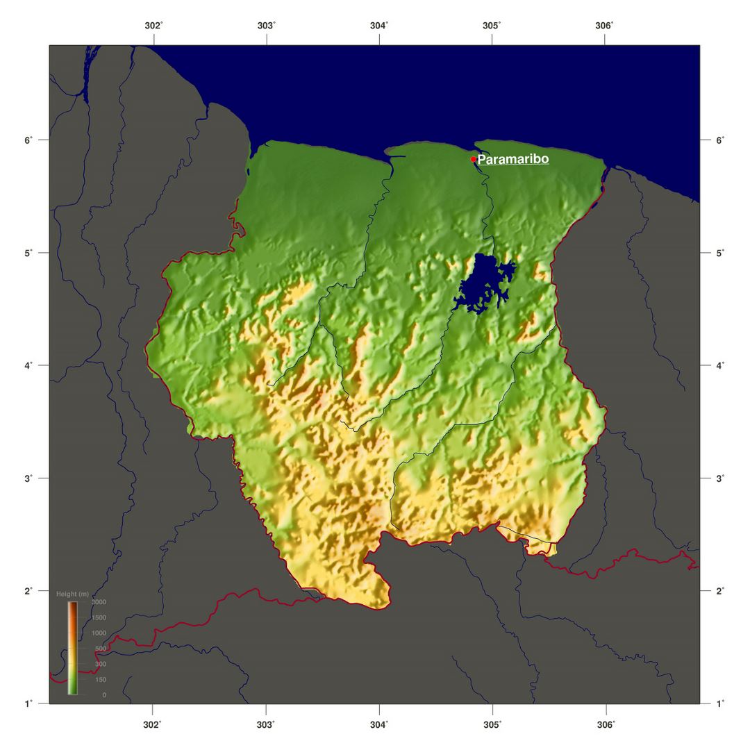 Large elevation map of Suriname